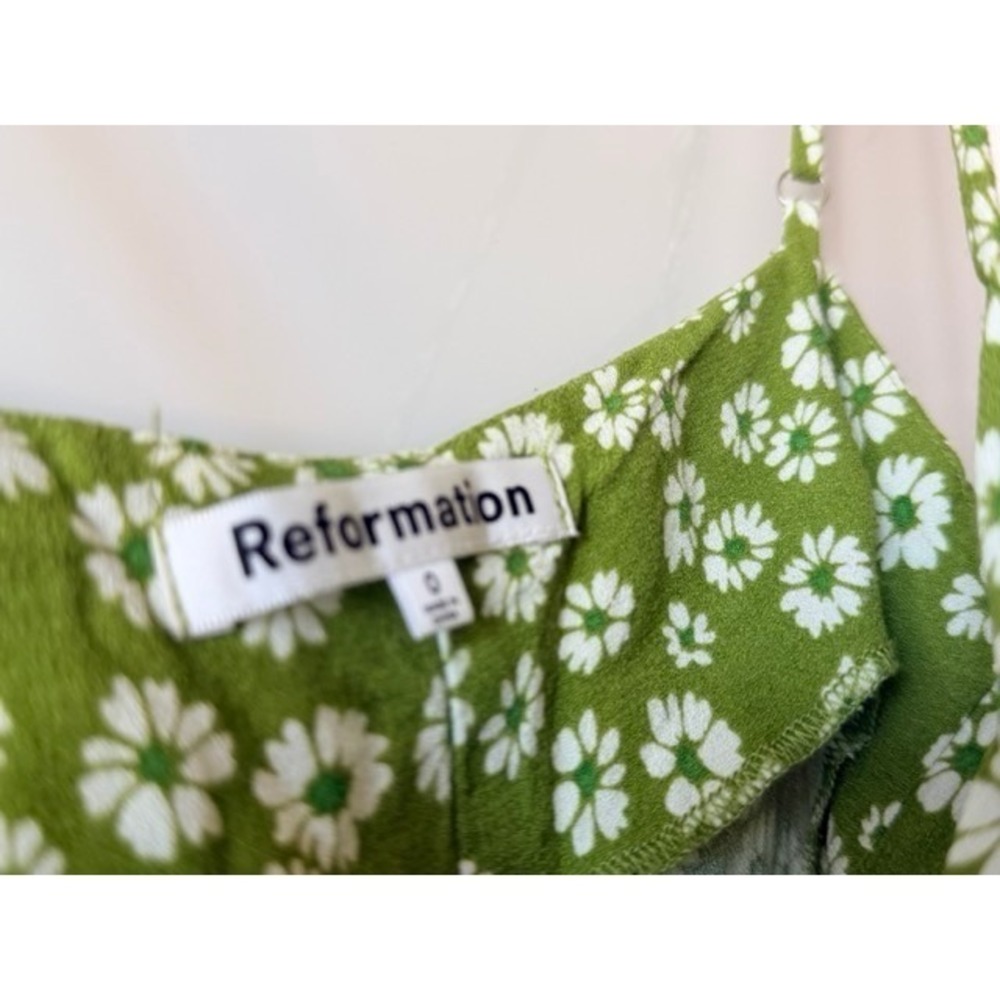 Reformation Olive Green Daisy Floral Slip Midi Dress Side Slit Size 0 - Picture 6 of 8
